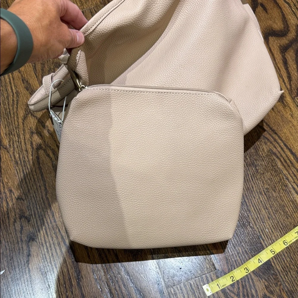 Beige Taupe Pebbled Leather Slouchy Hobo Bag with Link Detail